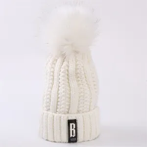 White knitted beanie hat with fluffy pom pom winter warm cute thick skull cap for women