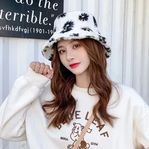 Plush daisy bucket hat for women, cute winter fuzzy warm fisherman cap, soft sweet style.