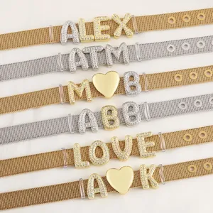 Pendentif Lettre Initiale Bulle Plaqué Or 18K Pour Bracelet Montre DIY Alphabet Coeur Cuivre Strass Bracelet en Maille Bijoux Cadeau Femme