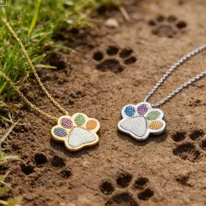 Koper Zirconia Pootafdruk Huisdier Tag Hanger Voor Vrouwen Mode Verguld Platina Hond Voetafdruk ID Tag Ketting Sieraden
