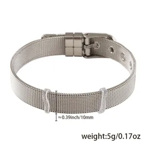 Bracelet en maille métallique argentée avec boucle réglable et spécifications de taille.