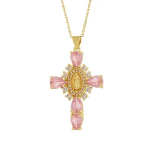 Collana con croce placcata oro zirconi rosa e ciondolo madonna stile vintage.