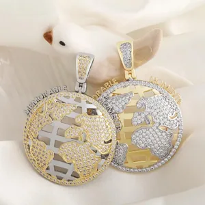 Full diamond globe pendant world map hip hop necklace detailed view showcasing sparkling zircon stones.