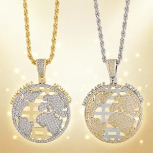 Hip Hop Iced Out Globe Pendant Necklace Men Women Copper Zirconia World Map Plated Rope Chain Streetwear Jewelry Gift