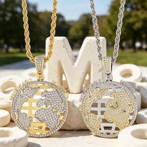 Detailed view of full diamond globe pendant necklaces with hip hop rope chains in dual colors.