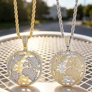 Rhinestone globe pendant hip hop necklace for men and women with matching rope chain.