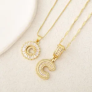 Conjunto De Collar Letra C Zirconia Chapado Oro Colgante Flor Joyeria Detalle