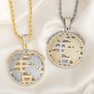Full diamond globe pendant world map hip-hop necklace with rope chain for men and women.