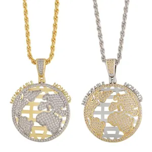Hip hop full diamond globe pendant necklace with rope chain, stylish map jewelry design.
