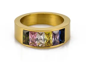Breiter goldener Edelstahlring mit bunten Baguette Zirkonia Steinen modischer Schmuck.