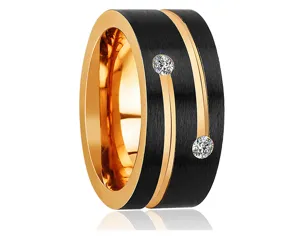 Wide titanium steel ring for men, stylish black and gold design with sparkling cubic zirconia.