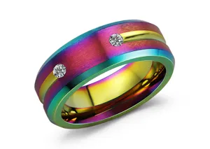 Vista detallada de un anillo de acero titanio arco iris con piedras brillantes para el uso diario.