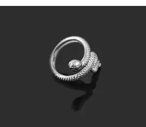 Bague ouverte argentée en forme de serpent, design rétro en acier inoxydable, gros plan.