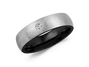 Detail view of men's minimalist brushed silver stainless steel ring with single stone inlay.