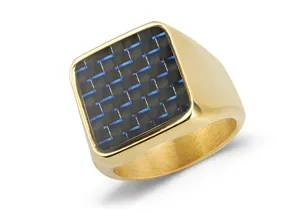 Anillo sello para hombre de acero titanio dorado con inserción de fibra de carbono negro azul.