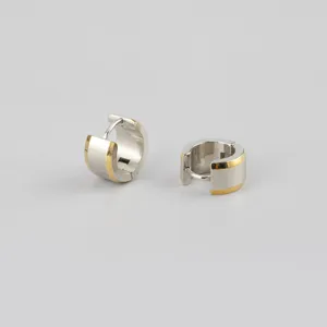 Stainless steel two-tone huggie hoop earrings for men and women, trendy bevel design.