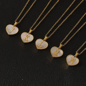 Gold stainless steel heart letter necklaces featuring white mother of pearl pendants, set