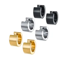 Set de pendientes de aro de acero, diseño minimalista liso en oro, plata y negro.