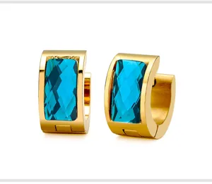 Fashion titanium steel hoop earrings with blue faceted stones, stylish daily wear jewelry.