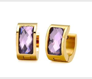 Close-up detail shot of gold stainless steel hoop earrings featuring purple zirconia.