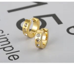 Stainless steel gold hoop earrings for women with sparkly rhinestones huggie style chic jewelry