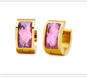 Gold-plated titanium steel hoop earrings featuring sparkling pink faceted crystal stones for women.