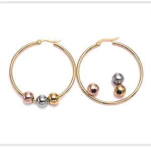 Stainless steel three-color sliding bead hoop earrings detailed product showcase view.