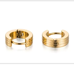 Gold stainless steel hoop earrings with ribbed design, minimalist daily jewelry accessory.