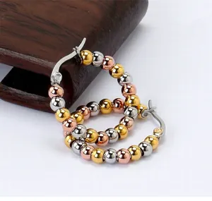 Detailed close-up view of multi-color beaded hoop earrings, premium stainless steel.