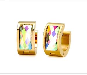 Stainless steel gold hoop earrings detail showcasing colorful crystal inlay and polish finish.