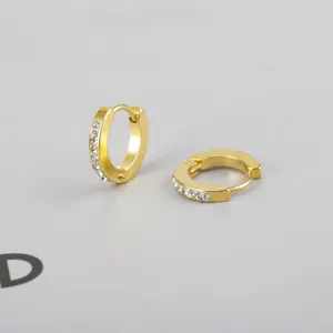 Gold stainless steel hoop earrings with micro-set rhinestones, elegant round huggie design.