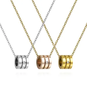 Stainless steel triple ring rhinestone pendant necklace in silver, rose gold, and gold colors.