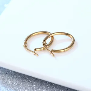 Minimalist gold stainless steel geometric oval hoop earrings for daily wear fashion jewelry.