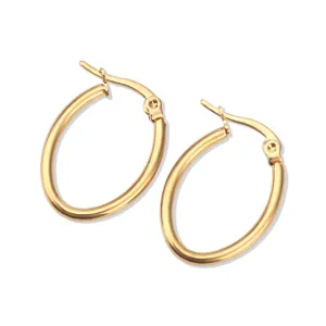 Minimalist gold oval stainless steel hoop earrings for stylish daily fashion wear.
