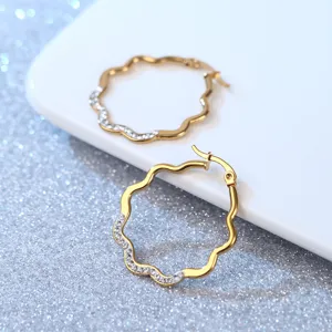 Gold wavy rhinestone hoop earrings, sweet style stainless steel minimalist earrings for women.