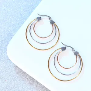 Minimalist three-layer hoop stainless steel earrings, chic multi-color titanium steel circle jewelry