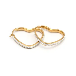 Boucles d'oreilles créoles cœur en acier titane doré avec cristaux pour femmes hommes.