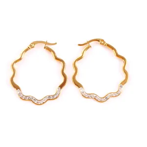 Gold stainless steel wavy hoop earrings with sparkling micro set rhinestones main product view
