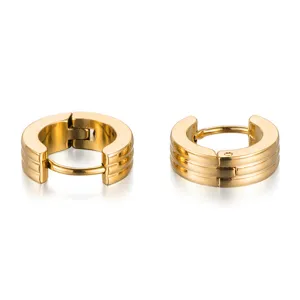 Stainless steel gold hoop earrings with chic ribbed striped design for daily wear fashion.