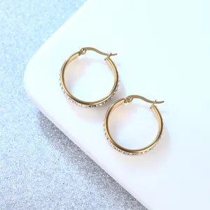 Gold Stainless Steel Hoop Earrings with Sparkly White Rhinestones Trendy Fashion Jewelry