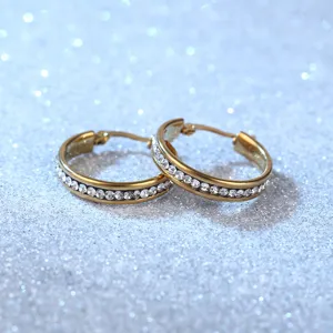Gold-plated stainless steel hoop earrings with white rhinestones for women fashion jewelry