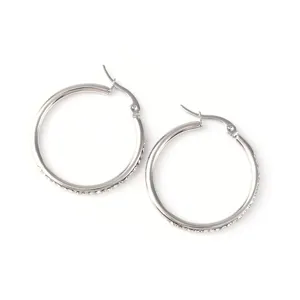 Stainless steel half-pave crystal hoop earrings, trendy geometric silver-tone jewelry.