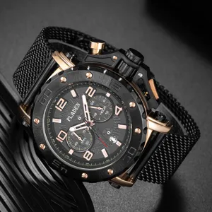 PLADEN Montre Quartz Homme Luxe Chronographe Date Bracelet en Maille d'Acier Inox