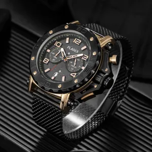 Pladen montre quartz de luxe pour homme grand cadran chronographe bracelet en maille d'acier