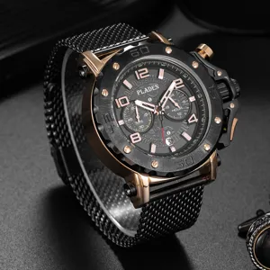 Montre quartz de luxe pour homme PLADEN avec chronographe multifonction et bracelet maille.