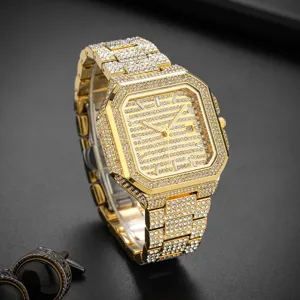 Luxury Iced Out Square Quartz Watch for Men Gold Diamond Hip Hop Wristwatch with Date