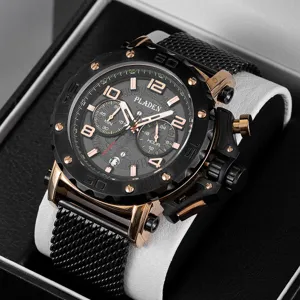 Montre quartz homme elegante grand cadran, sous-cadrans chronographe et bracelet en maille.