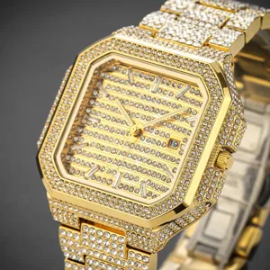 Close-up detail of luxury men's iced out square quartz watch with glittering rhinestones.