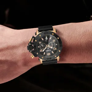 Montre quartz homme luxe PLADEN cadran noir or grand chronographe sport bracelet.