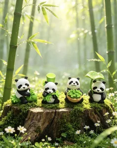 Close-up detail of cute panda figurines in moss landscape, ideal for succulent pot decor.